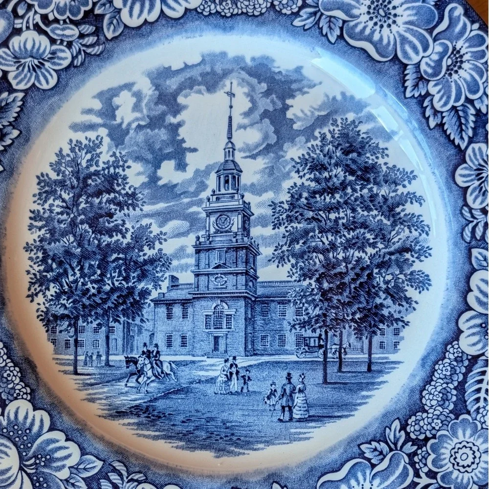 4 Liberty Blue Independence Hall Dinner Plates Staffordshire Ironstone 10